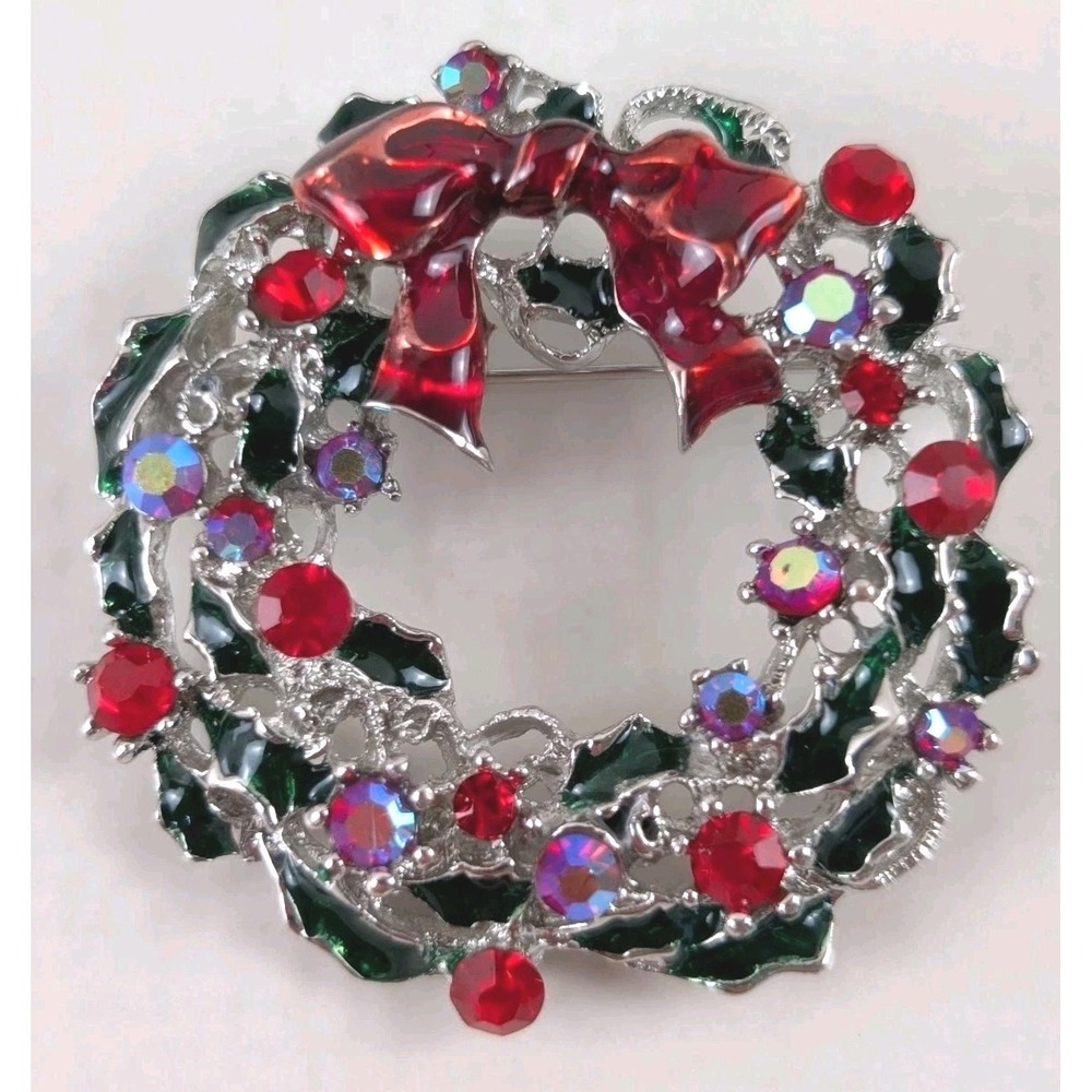Christmas Wreath Brooch Rhinestone Red Green Enamel Bow Holiday Pin Vintage...